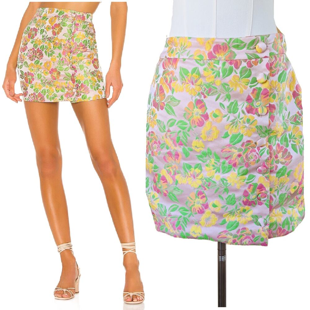 Revolve MAJORELLE Jade Mini Skirt Pink Yellow Floral Jacquard Medium